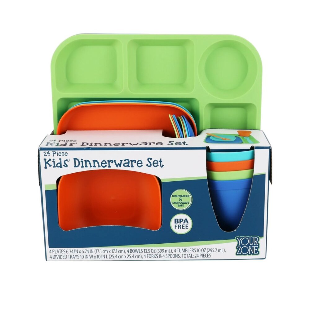 Your Zone 24-Piece Plastic Dinnerware Set for Kids in Bright Fun Colors